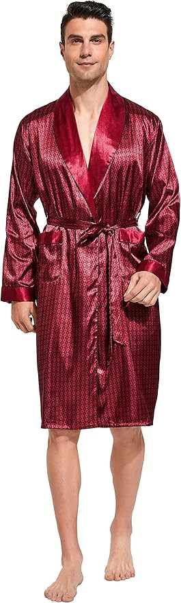 Tony & Candice Men's Satin Robe Lightweight Long Sleeve Silk Kimono Bathrobe with Shorts Set Sleepwear