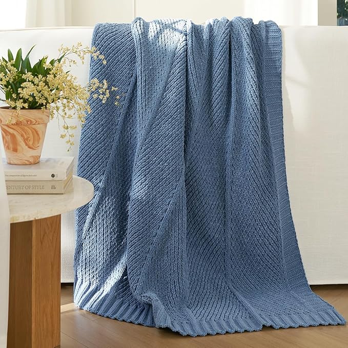 Amélie Home Knit Throw Blanket, Soft Chenille Cozy Breathable Chevron Chunky Decorative Blanket for Couch, Bed & Sofa, French-Inspired Lightweight Warm Gift for Women, Washed Blue, 50"x60"
