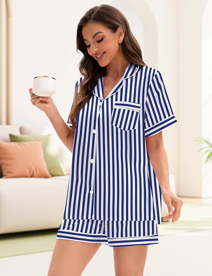 EPLAZA Silk Pajamas for Women Satin Pajamas Set 5 Pcs Long Sleeve Print Pattern Button Down Pjs Sleepwear Loungewear Set