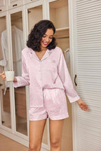 Ekouaer Satin Pajama Set for Women Button Down Pj Set Long Sleeve Top and Shorts 2 Piece Loungewear Summer Soft Sleepwear