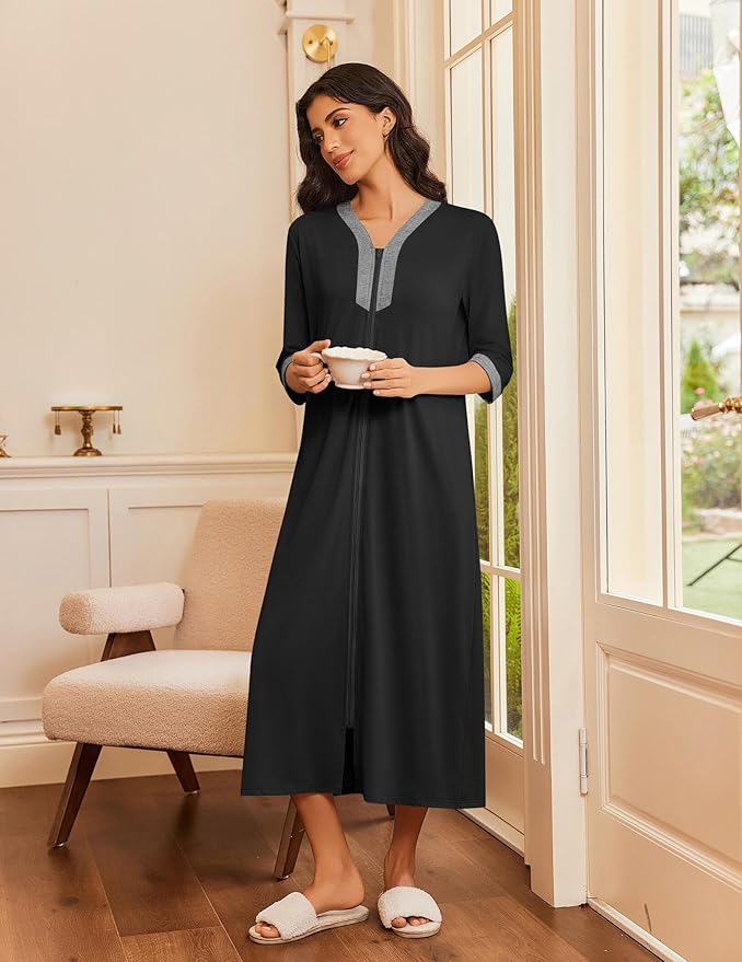 Ekouaer Women's Zipper Robe 3/4 Sleeves Housecoat Full Length Nightgown Soft Loungewear Robe with Pockets S-3XL