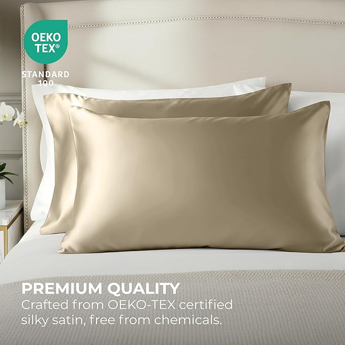 Satin Pillowcase 2 Pack - Queen Size (20"x30", Champagne Gold) - Silky Pillow Cases for Hair and Skin - Satin Pillow Covers with Envelope Closure - Extra Soft Premium Microfiber