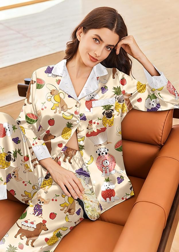 Ekouaer Silk Pajamas for Women Long Sleeve Satin Pajama Set Silky Pj Sets 2 Piece Button Down Loungewear Sleepwear