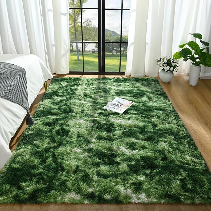 Tie-Dyed Green Area Rug 6x9 Large Rugs for Living Room Bedroom, Fluffy Cute Rug Modern Carpets for Kids Room, Non-Skid Rectangular Indoor Rug for Girls Boys Playroom Nursery Room Home Decor