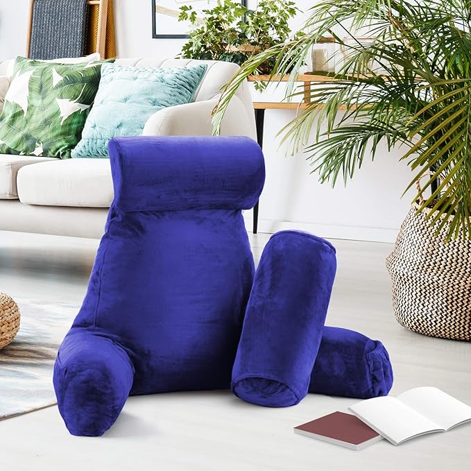 Clara Clark Reading Pillow with Shredded Memory Foam Includes 2 Neck and Lumber Support Pillows, Designed for Sitting Up in Bed and Couch Back and Arms Adjustable Support for Adults & Teens Royal Blue