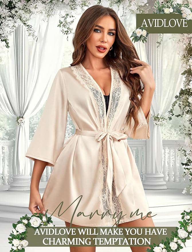 Avidlove Women's Kimono Robe Short Satin Pure Short Silky Robes