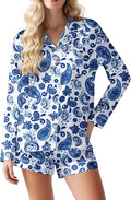 Ekouaer Satin Pajama Set for Women Button Down Pj Set Long Sleeve Top and Shorts 2 Piece Loungewear Summer Soft Sleepwear