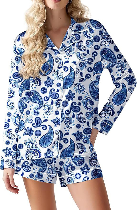 Ekouaer Satin Pajama Set for Women Button Down Pj Set Long Sleeve Top and Shorts 2 Piece Loungewear Summer Soft Sleepwear