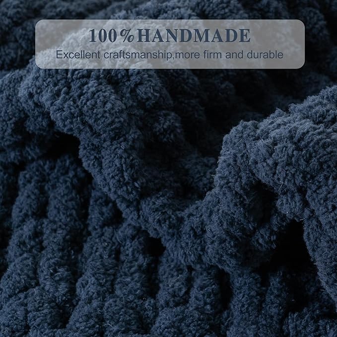 Bunnikins & Clover Navy Blue Throw Blanket for Couch, Chunky Knit Navy Throw Blanket for Home Decor, Handmade Chenille Cable Knit Throw, 50"x60"