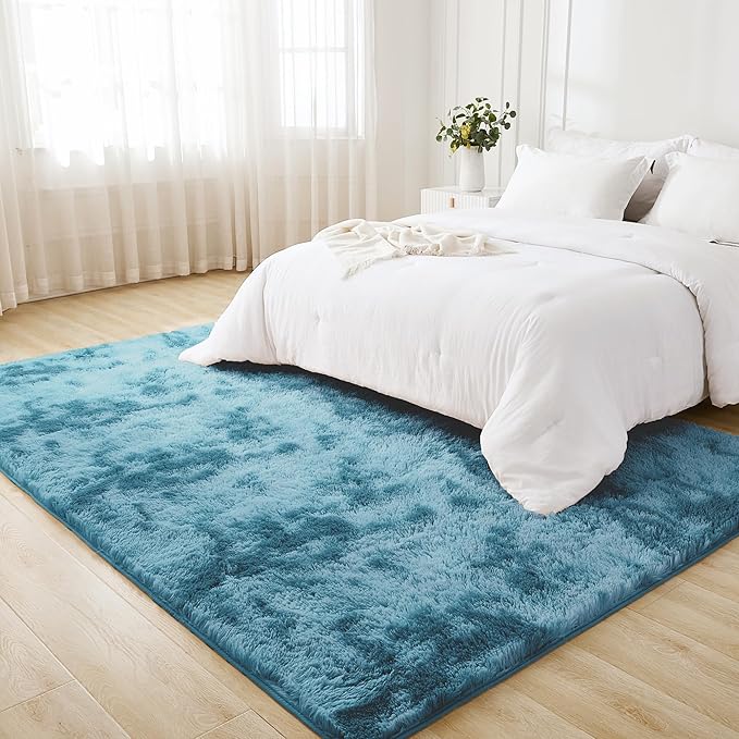 Litanika 9x12 Shag Area Rug for Living Room Bedroom, Tie-Dyed Blue High Pile Soft Plush Shaggy Furry Bedside Playroom Dorm Carpet, Non-Slip, Non-Shedding Modern Indoor Floor Rug