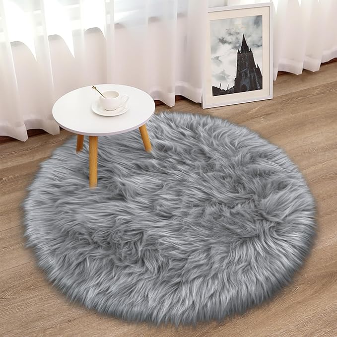 Faux Fur Grey Round Rugs 3ft for Bedroom, Small Fluffy Fuzzy Circle Rug Furry Shag Shaggy Carpet for Living Room Kids Teen Girls Room, Plush Circular Rug for Nursery Room