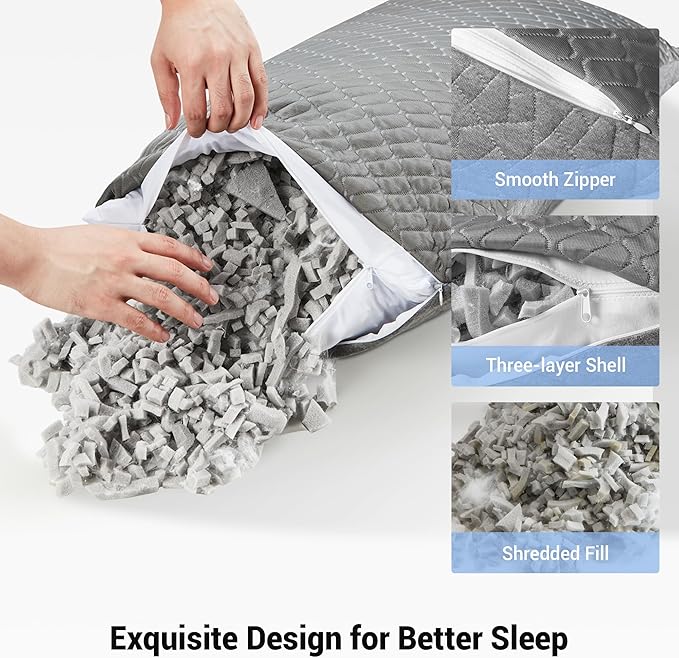 puredown® Pillows Queen Size Set of 2, Shredded Memory Foam Pillows, Cooling Foam Pillow for Sleeping, Soft Bed Pillow Queen Size with Adjustable Foam for Side, Back and Stomach Sleepers, Grey