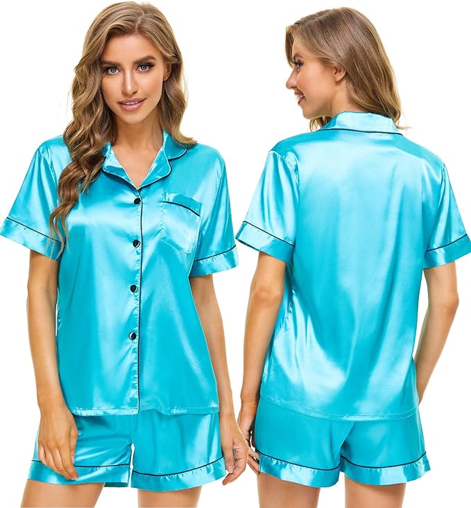 SWOMOG Womens Silk Satin Pajamas Set Short Sleeve Sleepwear Button Down Top and Shorts Loungewear 2 Piece Pjs Set XS-3XL