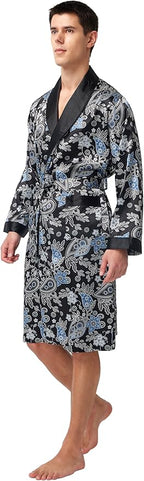 Tony & Candice Men's Satin Robe Lightweight Long Sleeve Silk Kimono Bathrobe with Shorts Set Sleepwear