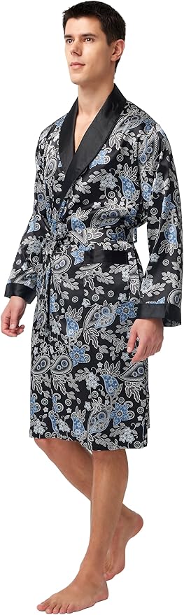 Tony & Candice Men's Satin Robe Lightweight Long Sleeve Silk Kimono Bathrobe with Shorts Set Sleepwear