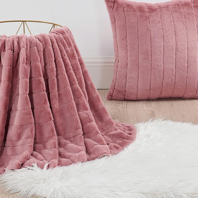 Striped Throw Blanket and Pillow Covers Set (No Inserts) for Couch and Bed, Plush Warm Lightweight Fuzzy Faux Fur Blanket for All Seasons (60" x 80", Dusty Rose)