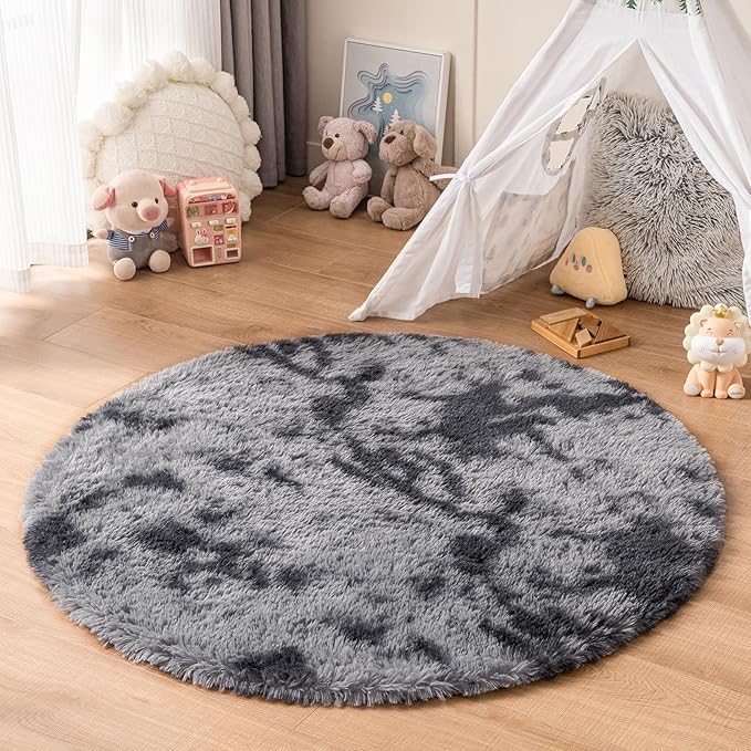 duduta Grey Round Rug for Kids Nursery Playroom, 4x4 ft Tie Dye Gray Fluffy Shag Rugs for Bedroom Classroom Dorm Decor, Washable Non Slip