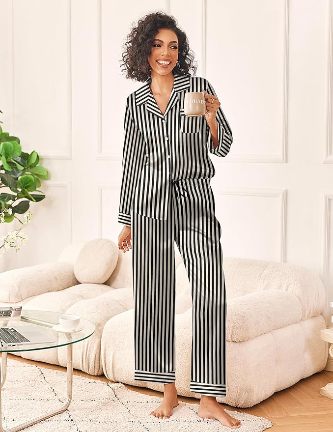 Ekouaer Womens Silk Satin Pajama Sets 2 Piece Sleepwear Pjs Set Long Sleeve Button Down Top and Pants Stripe Loungewear S-XXL
