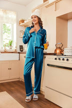 Ekouaer Women's Classic Button Down Long Satin Silk Pajama Set
