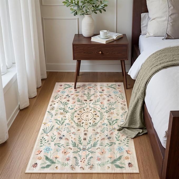 Lahome Chloe Insect Botanical 3x5 Washable Rugs for Entryway Soft Rug for Bedroom, Beige Kitchen Rugs Non Slip Washable, Boho Floral Indoor Throw Carpet for Bathroom Laundry Living Room(Beige,3x5)