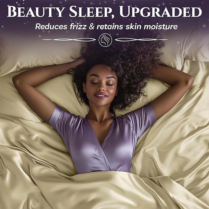 SLEEP SANCTUARY Satin Sheets Queen Size – 4 Piece Luxury Silky Bed Set, Softer Than Silk, 15" Deep Pocket, Cooling & Wrinkle-Free, Moisture-Wicking & Breathable for Hair & Skin (Champagne)