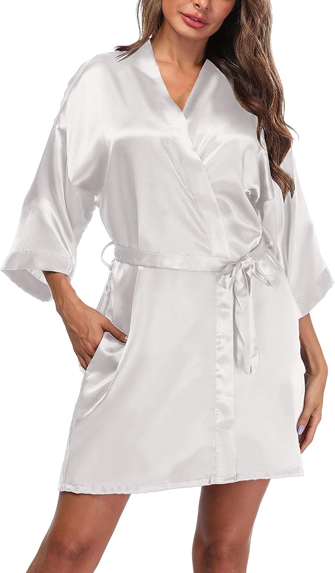 Women's Satin Kimono Robes Short Silky Bathrobe Solid Color/Floral Bridal Wedding Party