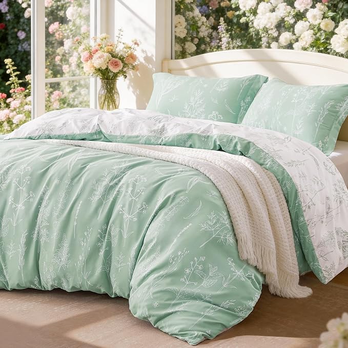 Love's cabin Sage Green Comforter Set Full - Full Size Comforter Set, 3 Pieces Cute Floral Bedding Sets for All Seasons,1 Soft Reversible Botanical Flowers Comforter and 2 Pillow Shams