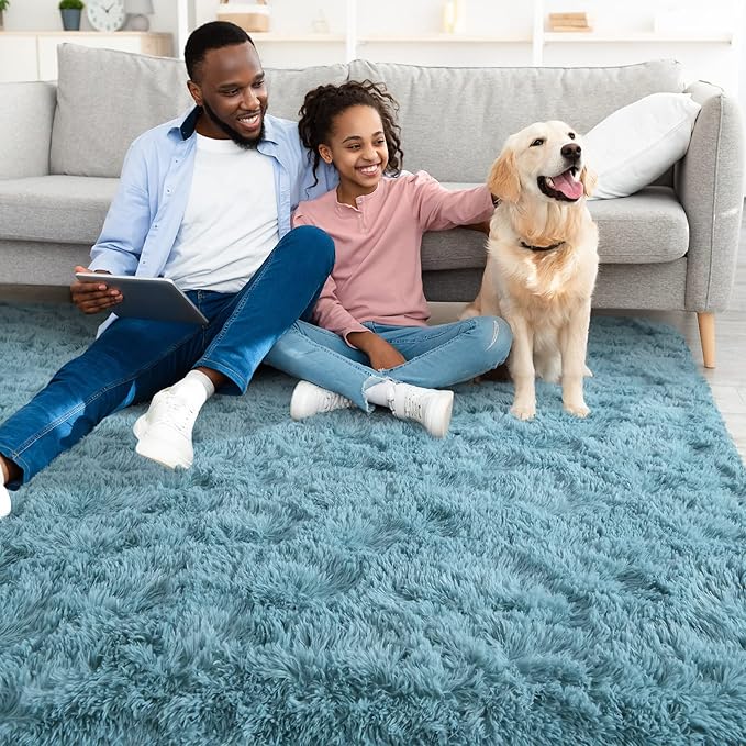 YJ.GWL Area Rugs for Living Room Bedroom, 5x8 Machine Washable Large Teal Carpet, Soft Fluffy Shaggy Thick Big Shag Indoor Floor Rug for Kids Boy and Girls Room Dorm Home Decor Aesthetic