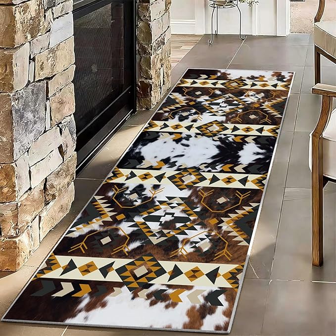 Country Long Hallway Cow Print Rug,1.3x7ft,Faux Cowhide Animal Print Southwestern Runner Rug,Western Aztec Tribal Decor Rustic Runner Rugs, Non-Slip Washable Floor Mat for Kitchen Bedroom