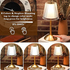 Liliful 1 Pcs Cordless Table Lamp Rechargeable Touch LED Small Gold Portable Battery Operated USB-c Desk Lamp 3 Color Dimmable for Bedroom Living Room Dining (Gold,Hollow Lined Style)
