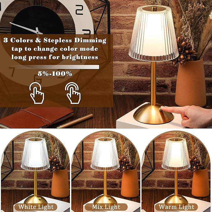 Liliful 1 Pcs Cordless Table Lamp Rechargeable Touch LED Small Gold Portable Battery Operated USB-c Desk Lamp 3 Color Dimmable for Bedroom Living Room Dining (Gold,Hollow Lined Style)