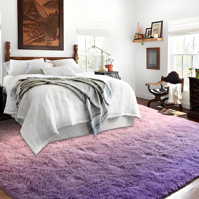 Purple Pink Area Rug 6x9 Large Rugs for Living Room Bedroom, Fluffy Cute Rug Modern Carpets for Kids Room, Non-Skid Rectangular Indoor Gradient Rug for Girls Boys Nursery Room Home Decor