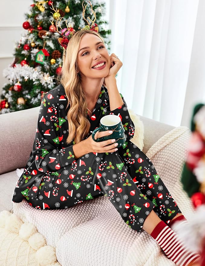 Ekouaer Women Satin Silk Pajamas Classic Long Sleeve Button Down Pjs Set Soft Loungewear