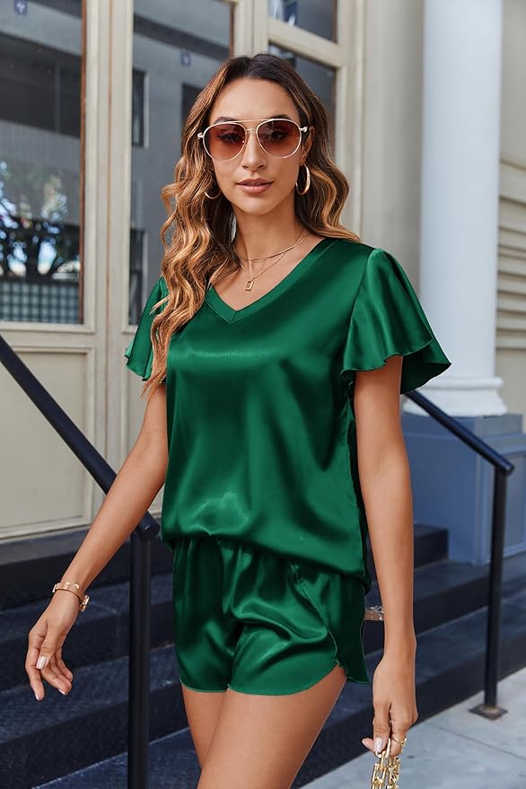 Ekouaer Women Satin Pajamas Set Ruffle Sleeves Silk Pj Set Soft V Neck Sleepwear Loungewear