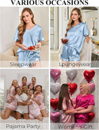 Silk Pajamas for Women Short Sleeve Satin 2 Piece Pj Set Soft V Neck Sleepwear Loungewear, S-XXL