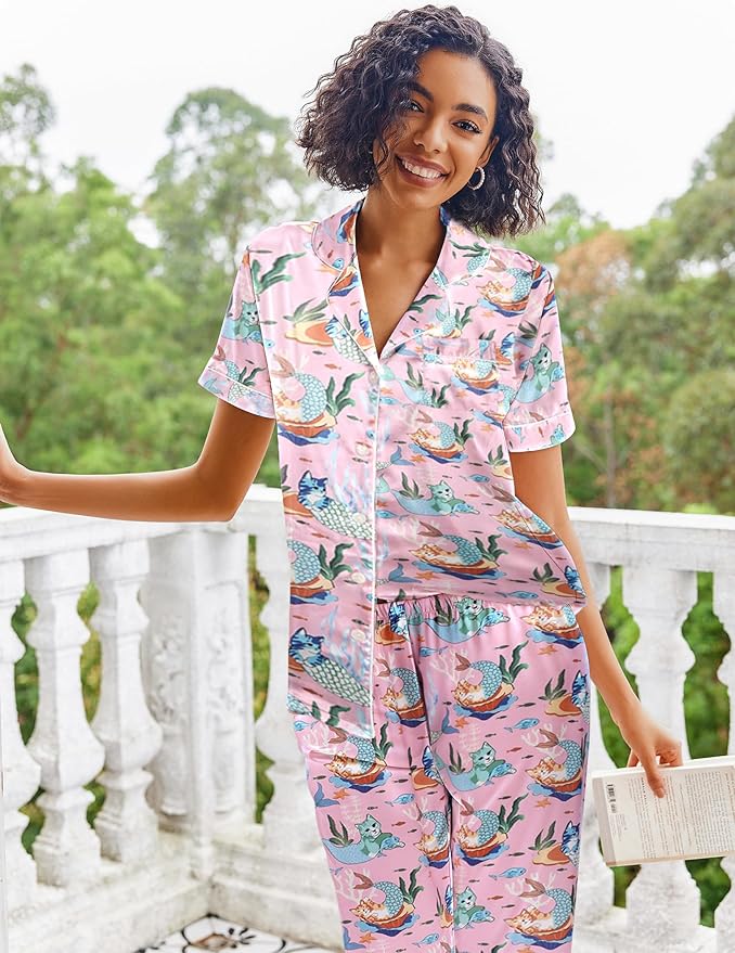 Ekouaer Silk Satin Pajamas Set Women Short Sleeve Sleepwear Soft Button Down Loungewear Pjs Set