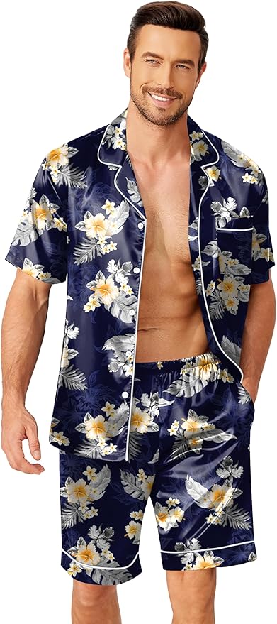 Ekouaer Mens Pajamas Set Silk Satin Sleepwear Short Sleeve Button Down Pjs Set 2 Piece Loungewear with Pockets S-XXL