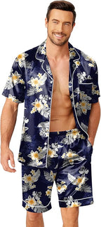 Ekouaer Mens Pajamas Set Silk Satin Sleepwear Short Sleeve Button Down Pjs Set 2 Piece Loungewear with Pockets S-XXL