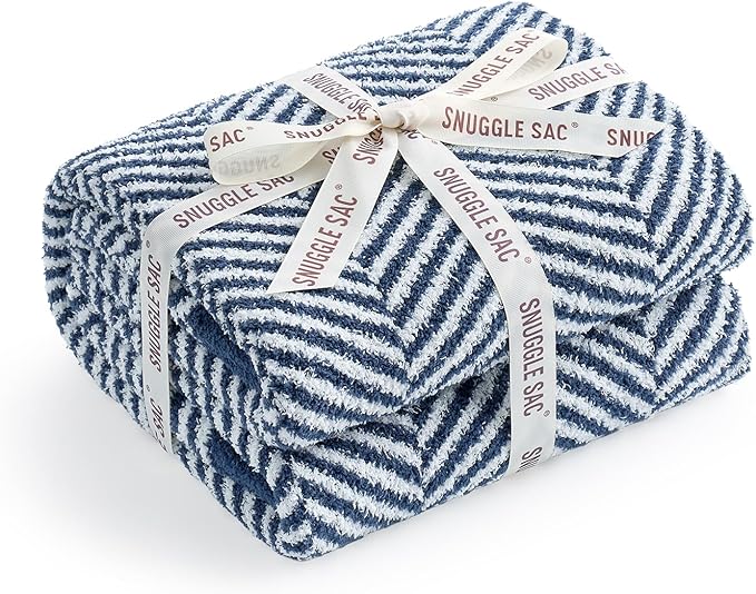 Snuggle Sac Herringbone Throw Blanket for Couch, Reversible Super Soft Warm Chervon Blankets, Cozy Knit Fuzzy Plush Lightweight Stripe Throws for Sofa, Bed, Camping, Navy, 50x60 inches
