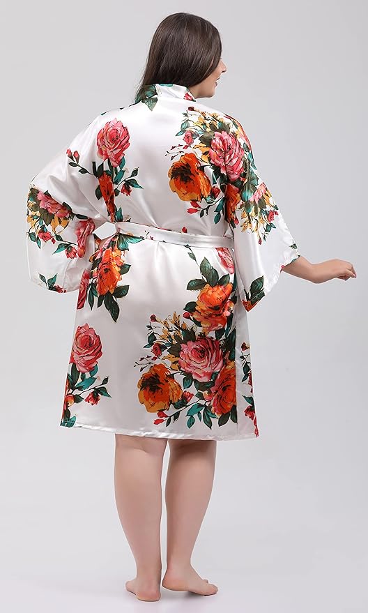 QXQTER Peony Floral Silky Satin Robe Wedding Bridal Party Bride Bridesmaid Robes for Women Dressing Gown Kimono Robe