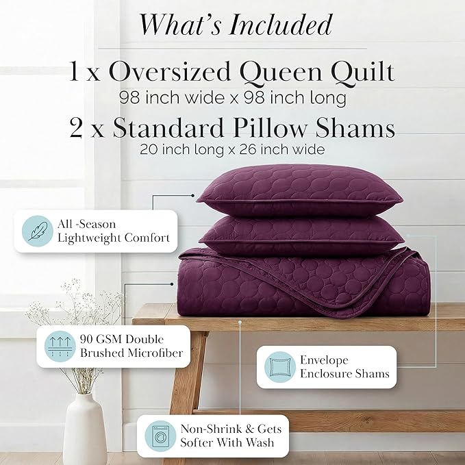 Southshore Fine Living, Inc. Oversized Quilt Bedding Set Queen, Soft Coverlet Full Size, Lightweight Bedspread 3-Piece with Two Matching Quilted Pillow Shams, All Season Full/Queen Quilts, Purple