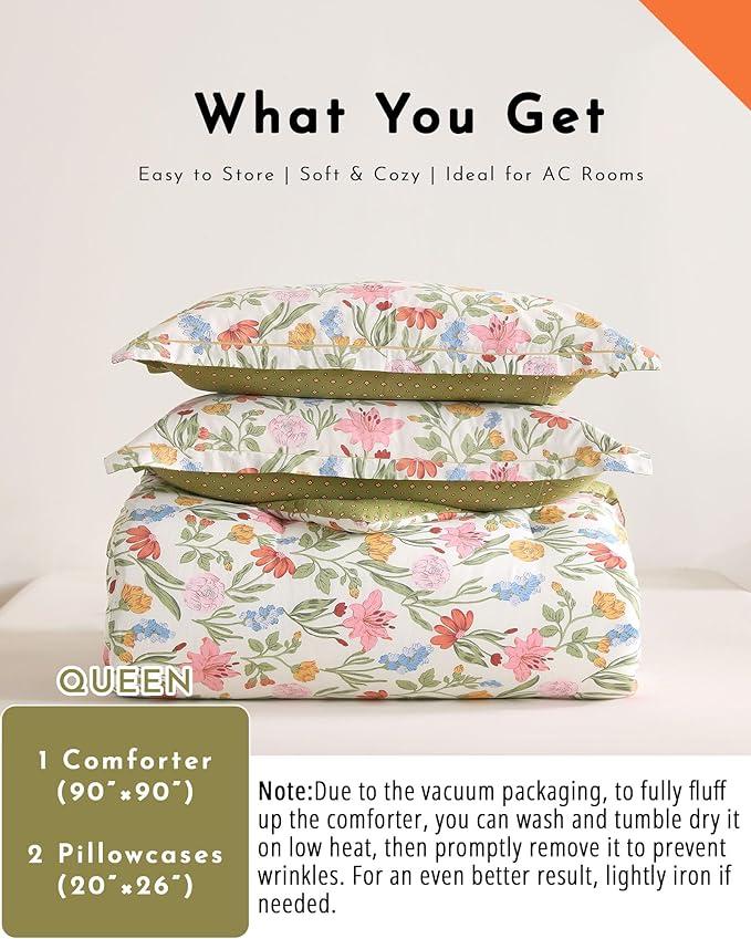 ALEISSEL Luxurious Cotton 3pcs Floral Comforter Sets Queen Size - Blush, Yellow & Blue Spring Garden Floral Prints on White, Warm Olive Green Reverse,Vintage Lightweight Bedding Sets(Queen 90"×90")