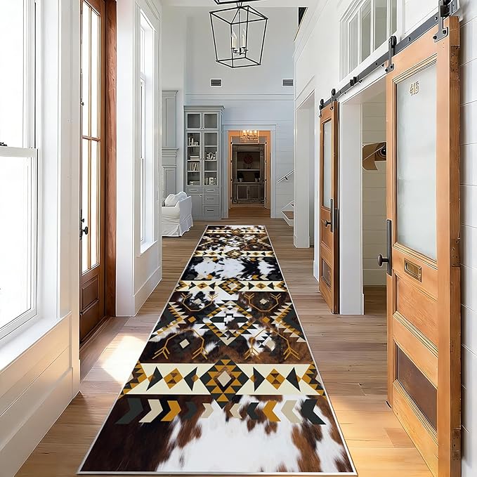 Country Long Hallway Cow Print Rug,2x6ft,Faux Cowhide Animal Print Southwestern Runner Rug,Western Aztec Tribal Decor Rustic Runner Rugs, Non-Slip Washable Floor Mat for Kitchen Bedroom