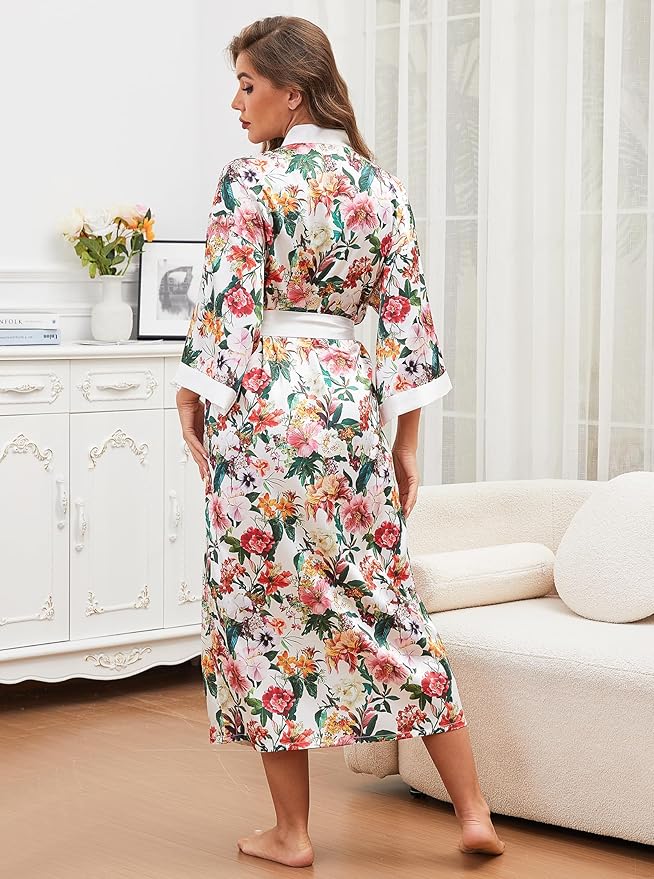 Hellomamma Womens Satin Silk Robe: Lightweight 3/4 Sleeve Comfy Floral Print Kimono Sleepwear for Bride Wedding Party Gift