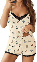 Ekouaer Womens Pajama Sets 2 Piece Lingerie Sleepwear Cute Cami Shorts Pjs Set Soft V Neck Lace Trim Nightwear