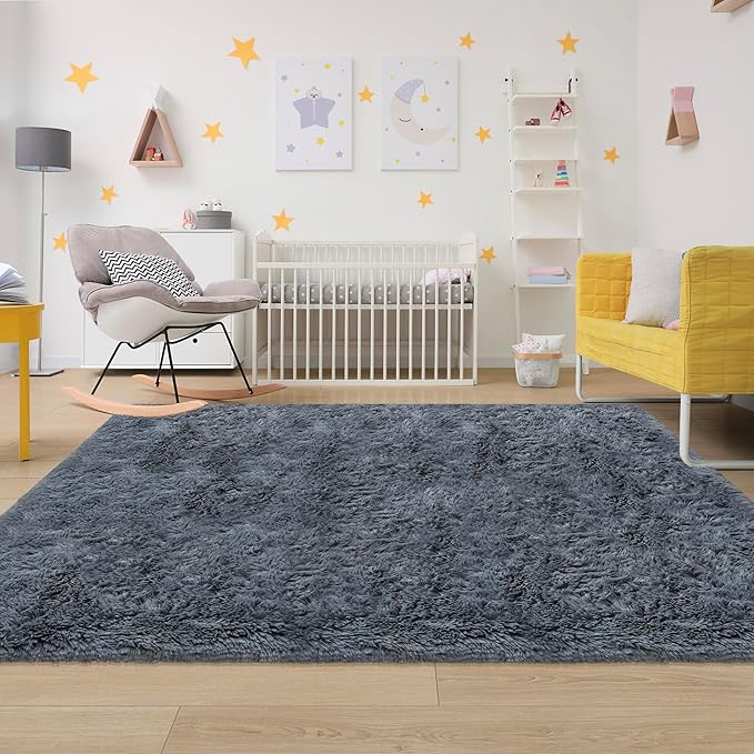 5x8 Grey Fluffy Rugs for Living Room Bedroom Soft Shaggy Fur Rug Modern Indoor Furry Floor Carpet Washable Plush Fuzzy Kids Rug for Nursery Playroom Dorm Decor
