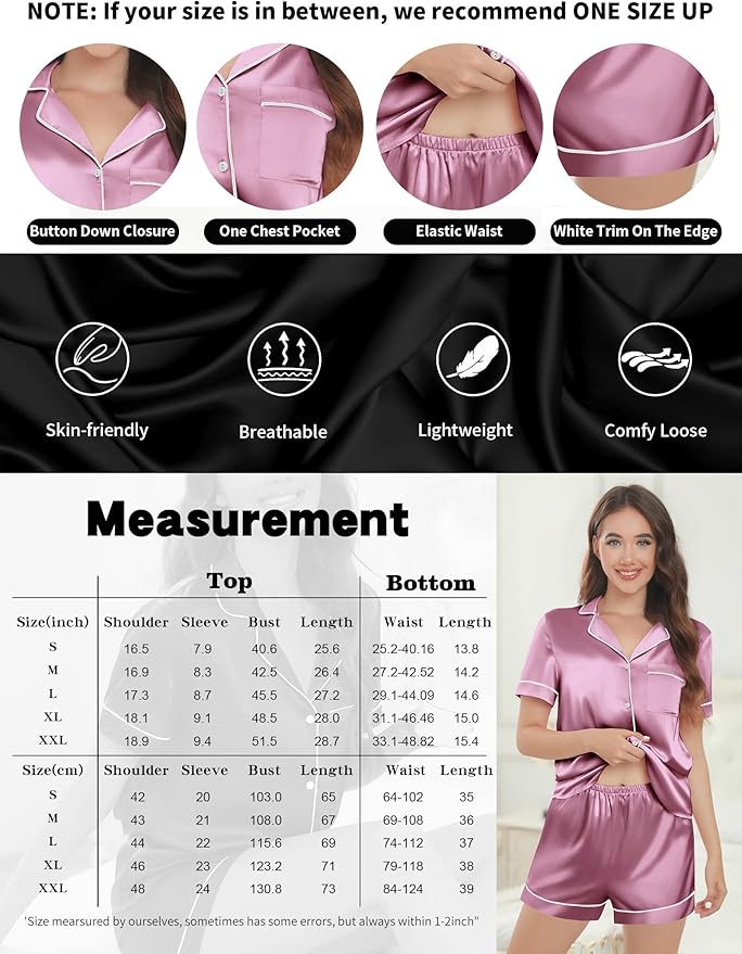 Silk Pajamas for Women Satin Womens PJ Set 2 Piece Short Lounge Set Summer Sleepwear Notch Collar Button-Down Pjs