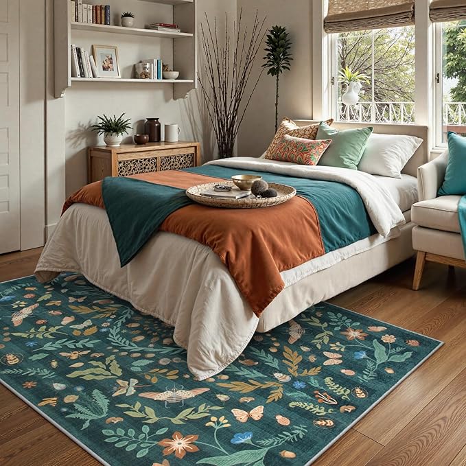 Lahome Chloe Insect Botanical Washable 5x7 Area Rugs for Living Room, Non Slip Green Rug for Bedroom, Boho Indoor Throw Dining Room Carpet for Under Table Entryway Kitchen Office(Dark Green,5x7)