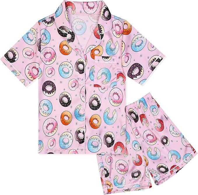 QPANCY Kids Satin Pajamas Sets Baby Boy Girl Button-Down Silk Sleepwear 2 Piece Short Sleeve Loungewear Clothes Set