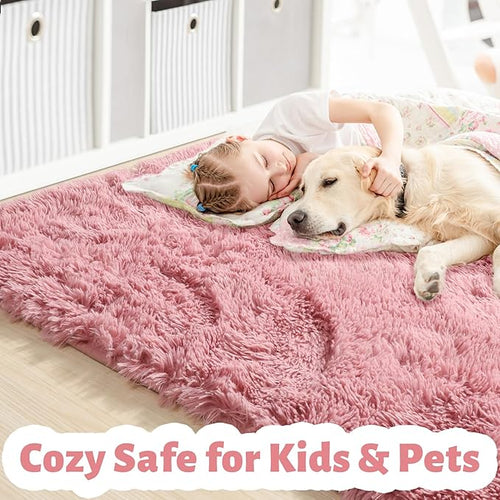 Amdrebio Blush Pink Area Rugs for Girls Bedroom Kids Room, 5x7 Fuzzy Furry Fluffy Kawaii Rugs for Living Room Playroom, Shaggy Plush Shag Carpet for Nursery Dorm Classroom, Cute Dusty Rose Mauve Rug